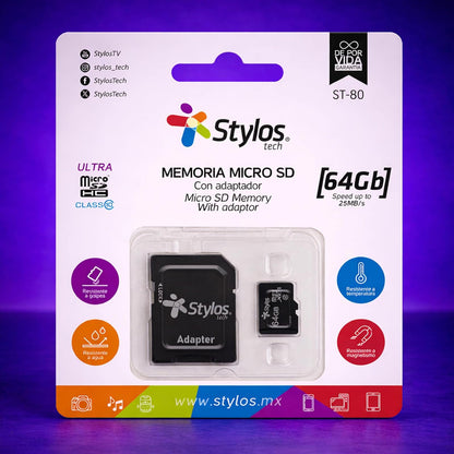 Memoria Micro SD 64GB Clase 10 con Adaptador Negro Stylostech
