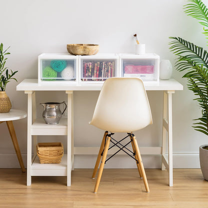 IRIS USA 13.7 L Cajón de Plástico Mediano, Paquete de 3, Organizadora Apilable con Cajón Deslizable para Dormitorio Debajo del Fregadero Despensa Cuarto de Manualidades Oficina, Blanco