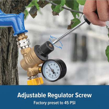 Camco Regulador de presión de agua de latón marino ajustable | Ayuda a detener daños a RV/electrodomésticos marinos, accesorios de fontanería y mangueras | Cuenta con roscas de manguera de jardín estándar para una conexión sencilla | (40058)