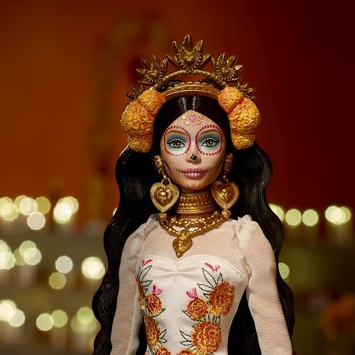 Barbie Signature Día de Muertos, Muñeca de Colección con Vestido, Corona de Cempasúchil, Maquillaje de Calavera, Base y Certificado, para 6 años en adelante