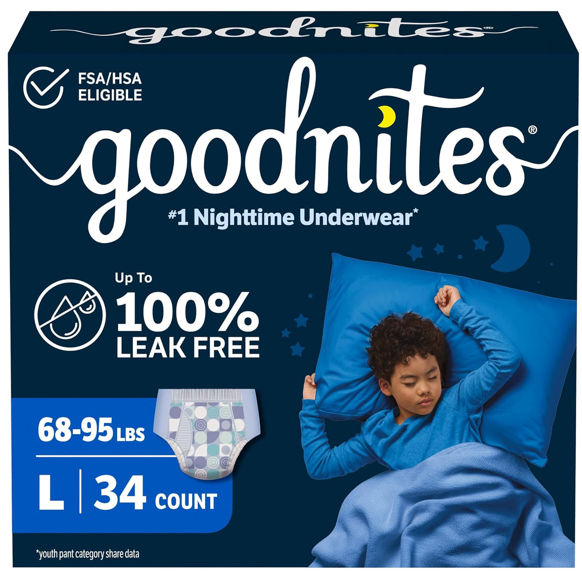 Goodnites Ropa interior nocturna para niños L (70 a 100 libras), blanco, grande, 34 unidades