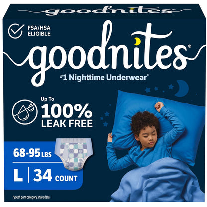 Goodnites Ropa interior nocturna para niños L (70 a 100 libras), blanco, grande, 34 unidades