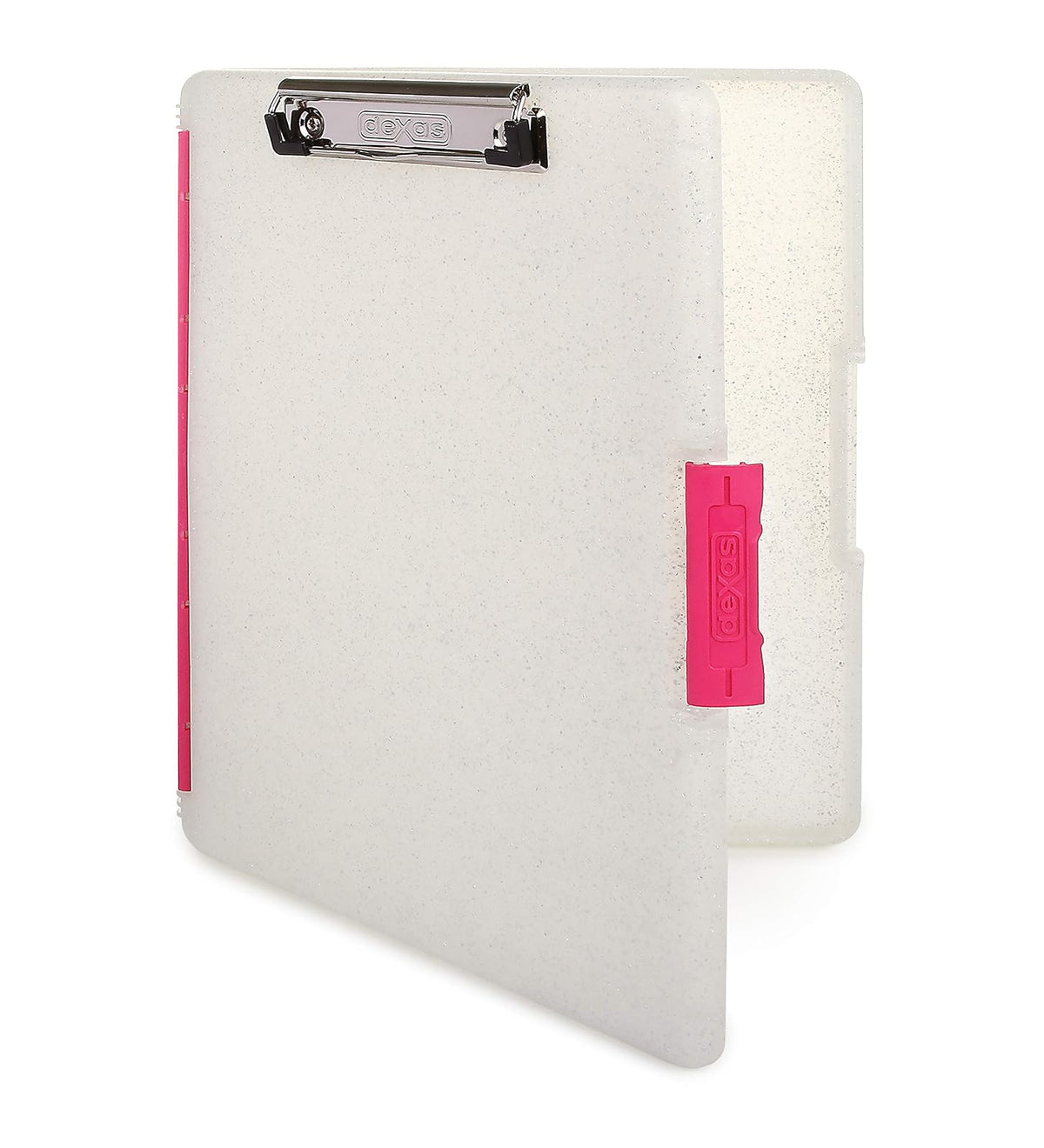 Dexas Slimcase 2 Portapapeles con Almacenamiento y Apertura Lateral - Purpurina con clips rosados