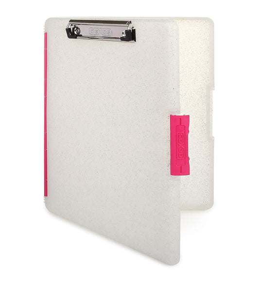 Dexas Slimcase 2 Portapapeles con Almacenamiento y Apertura Lateral - Purpurina con clips rosados