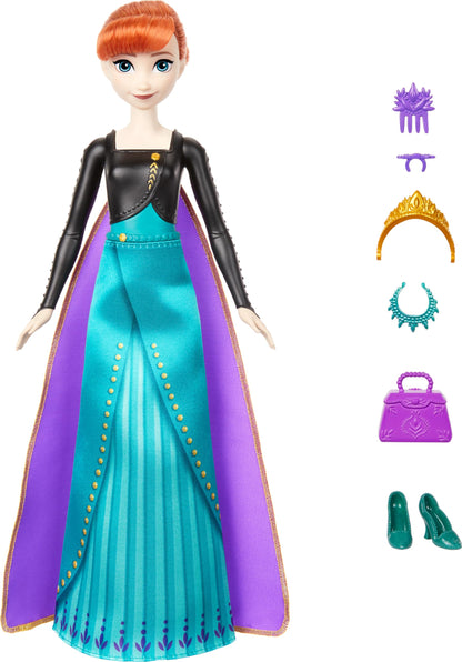 Mattel Disney Frozen Anna - Juego de muñecas de Moda, Girar y revelar con 11 sorpresas, Incluyendo 5 Accesorios, 5 calcomanías y Escena de Juego, Inspirado en la película