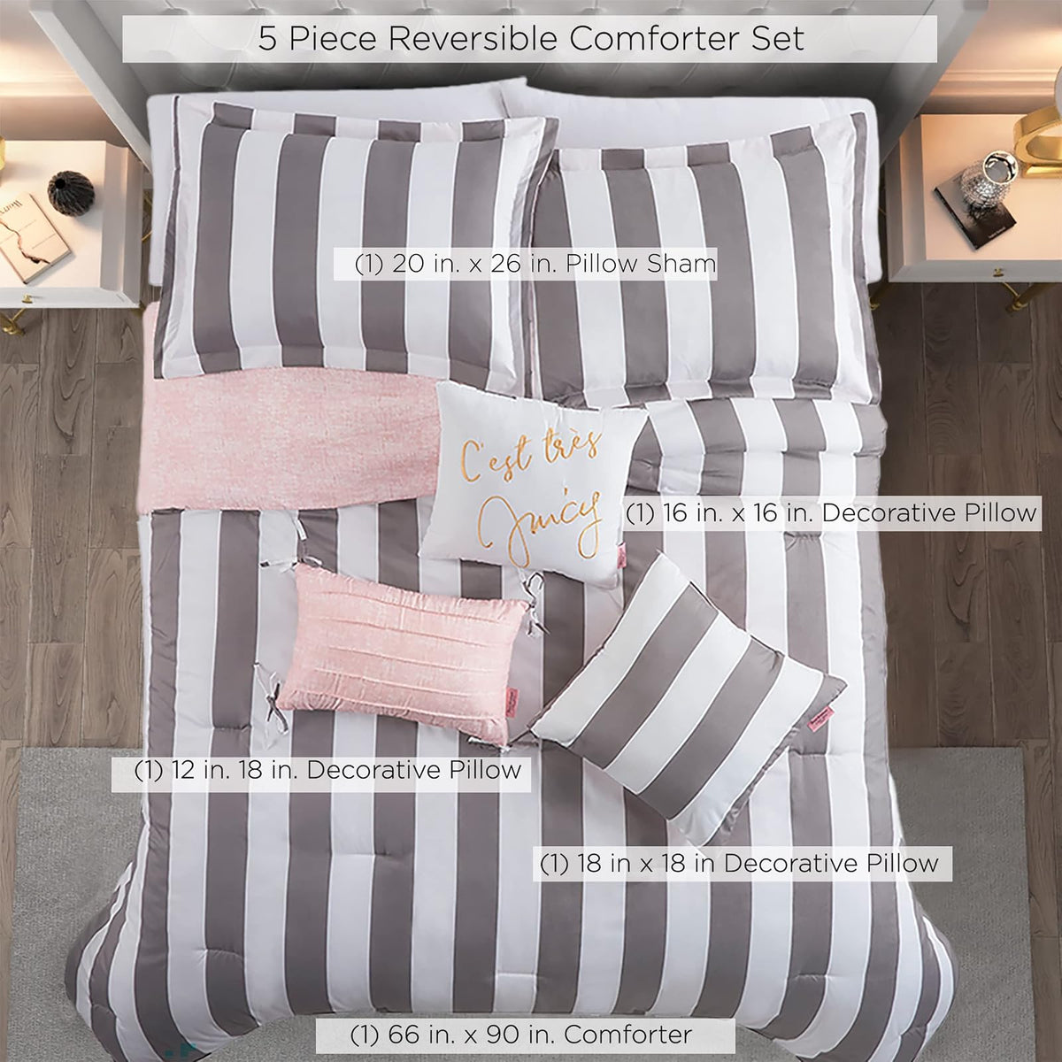 Juicy Couture - Juego de edredón, diseño de Rayas de cabaña, Juego de Cama Individual, Juego de 5 Piezas Incluye 1 edredón, 1 Funda y 3 Almohadas Decorativas, 100% Microfibra de poliéster, Resistente