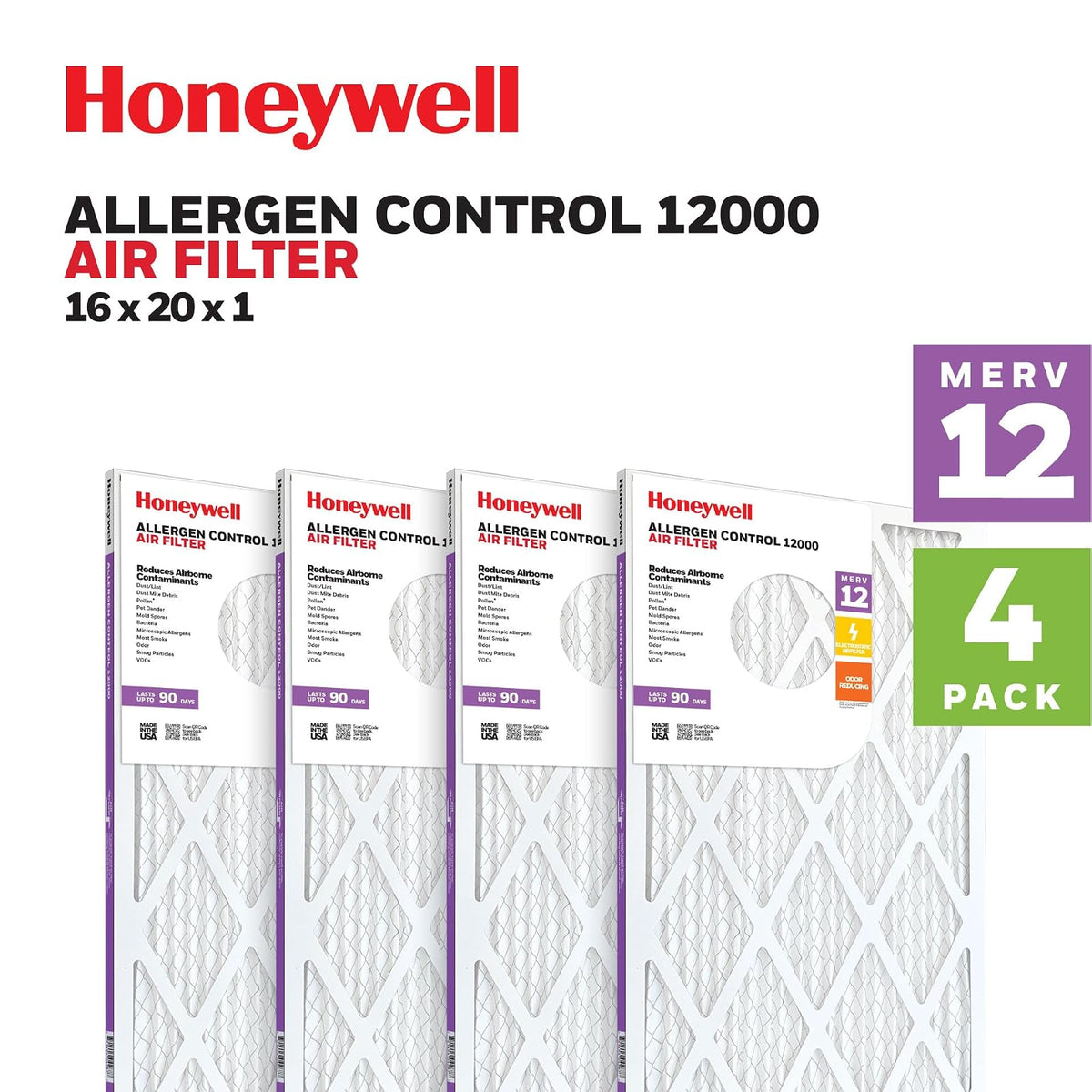 Honeywell MERV 12 - Filtro de aire para horno de aire plisado electrostático HVAC AC AC (4 unidades) | Filtro de repuesto para uso doméstico | Fabricado en Estados Unidos
