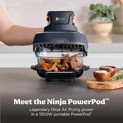 Ninja Crispi - Freidora de aire portátil de vidrio 4 en 1, 1500 W, 4 cuartos y 6 tazas TempWare recipientes de vidrio con tapas de almacenamiento, aptos para microondas, congelador y lavaplatos, gris