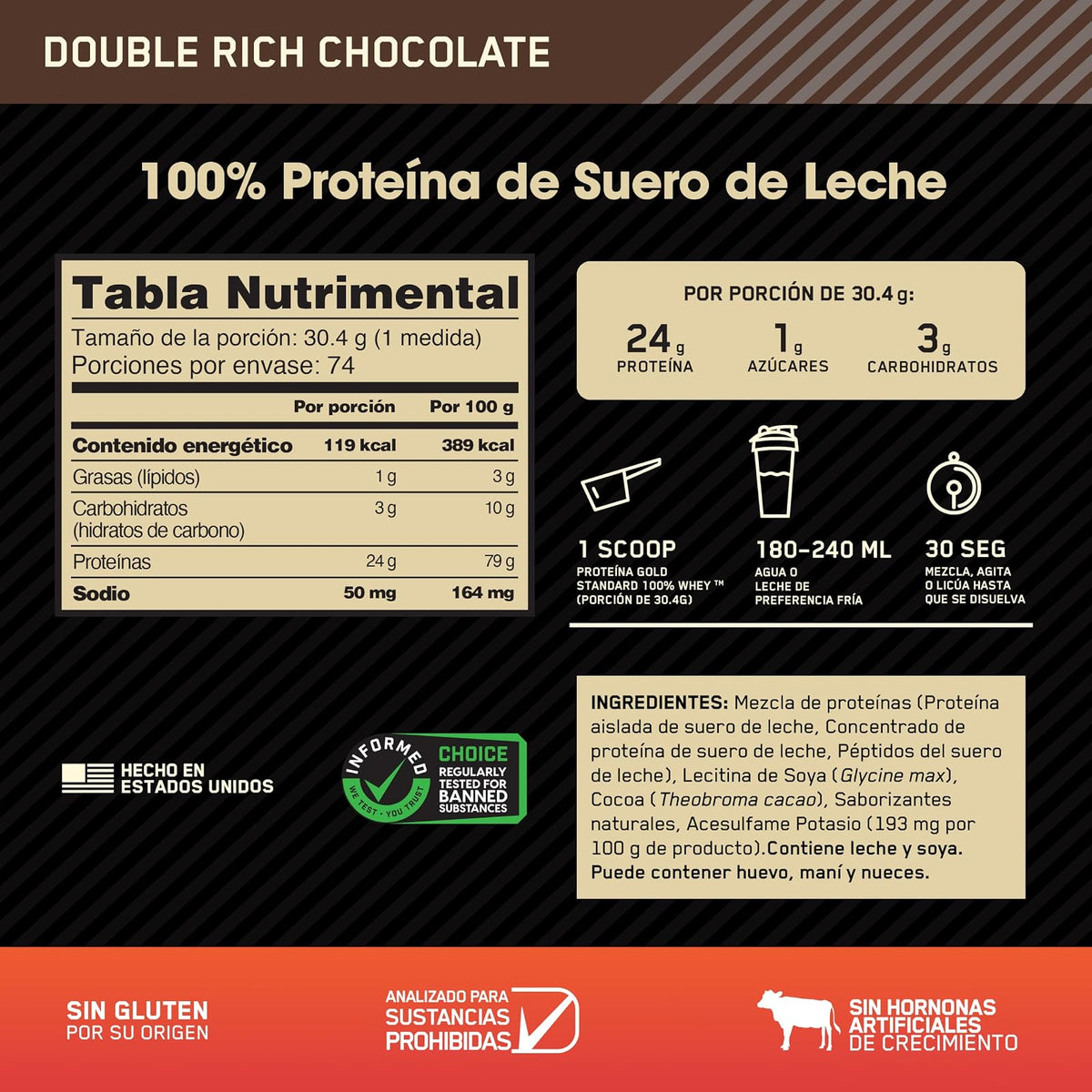 Optimum Nutrition Gold Standard Isolated Blend 100% Whey Protein Doble Chocolate 24 g de proteina aislada, baja en Lactosa y Carbohidratos Bote 5lb