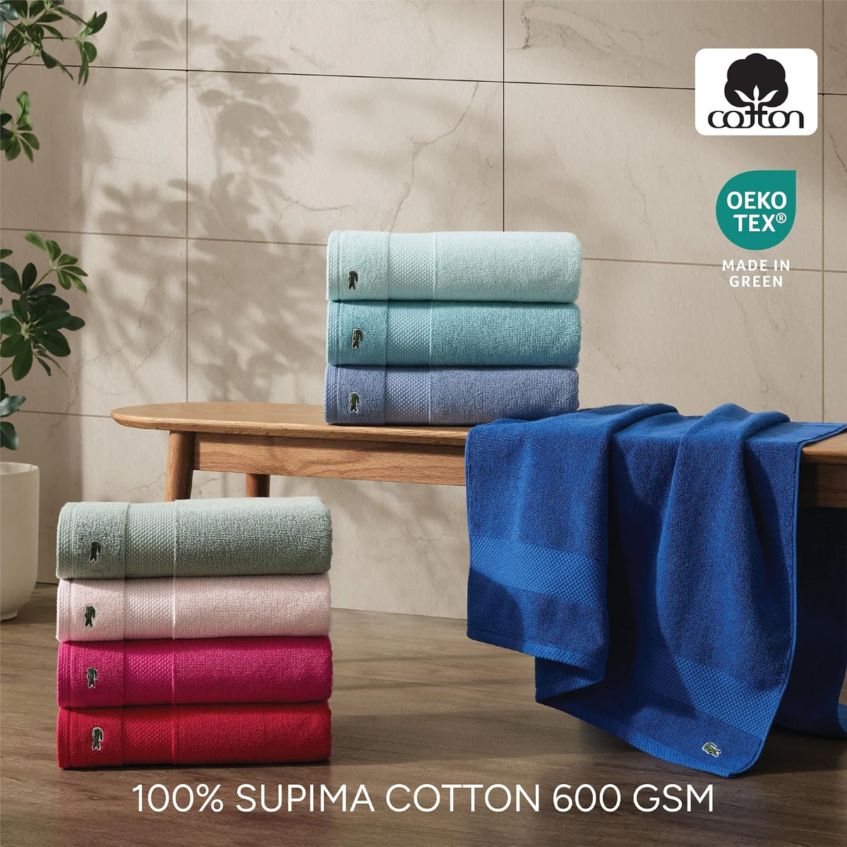 Lacoste Heritage - Toalla de baño 100% algodón Supima (Tela de Mezclilla Ligera, 35 x 70 Pulgadas), Altamente Absorbente y de Secado rápido, Toalla de baño súper Suave de Alta Calidad, Esencial para