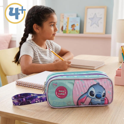 Ruz Lapicera Triple Infantil y Preescolar | Stitch | 100% Poliéster | Organizador Escolar para Niños con Múltiples Bolsillos y Cierre | Recomendado desde 3 años