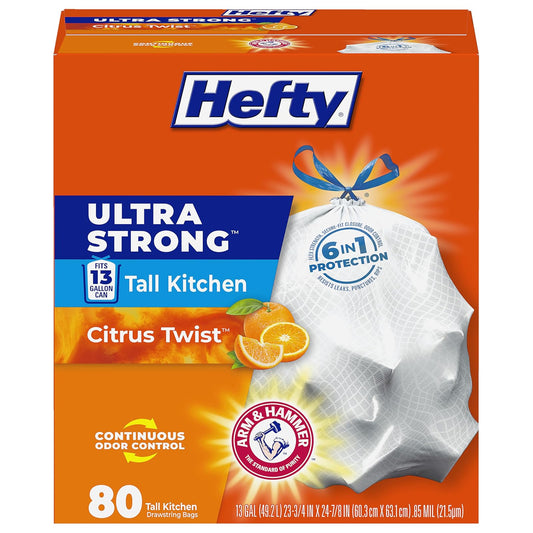 Hefty bolsas de basura con cordón para cocina, ultra fuertes, 13 galones, Torcedura de Cítricos, Blanco, 80 Count