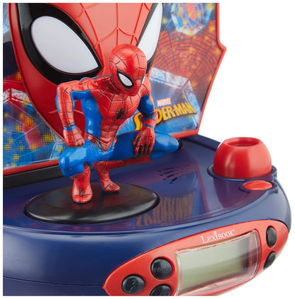 Lexibook Marvel Spider-Man Peter Parker Radio Reloj proyector, Luz de Noche incorporada, proyección de Tiempo en el Techo, Efectos de Sonido, Funciona con batería, Azul/Rojo, RP500SP
