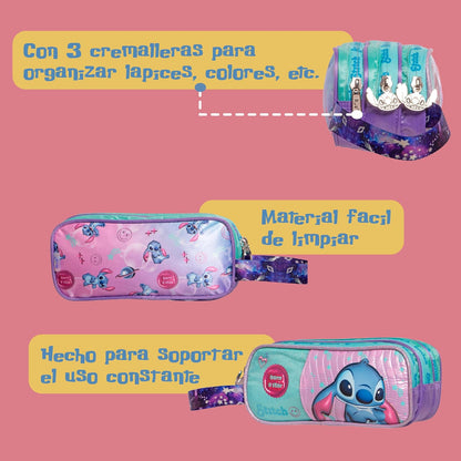 Ruz Lapicera Triple Infantil y Preescolar | Stitch | 100% Poliéster | Organizador Escolar para Niños con Múltiples Bolsillos y Cierre | Recomendado desde 3 años