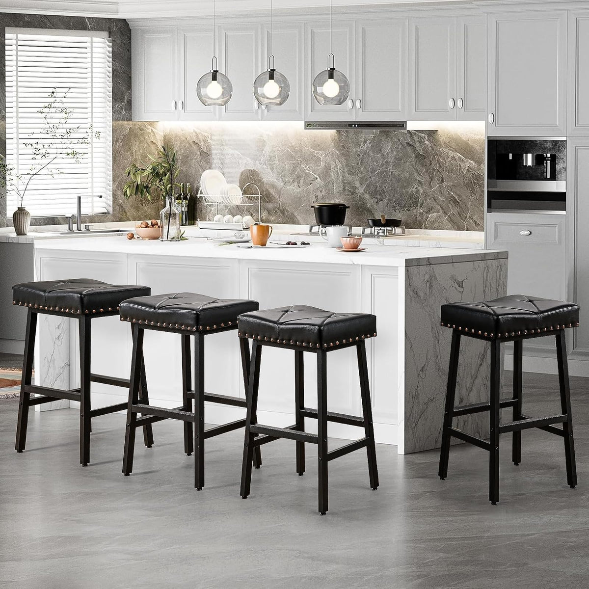 VECELO - Taburetes de 25 Pulgadas de Altura para la Isla de Cocina, Asientos tapizados de Poliuretano de 3.3 Pulgadas de Grosor, sillas de Bar sin Respaldo con Base de Metal, Color Negro