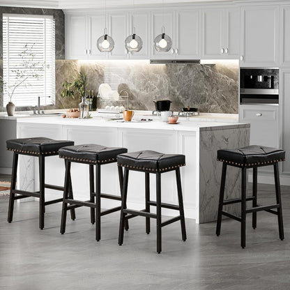 VECELO - Taburetes de 25 Pulgadas de Altura para la Isla de Cocina, Asientos tapizados de Poliuretano de 3.3 Pulgadas de Grosor, sillas de Bar sin Respaldo con Base de Metal, Color Negro