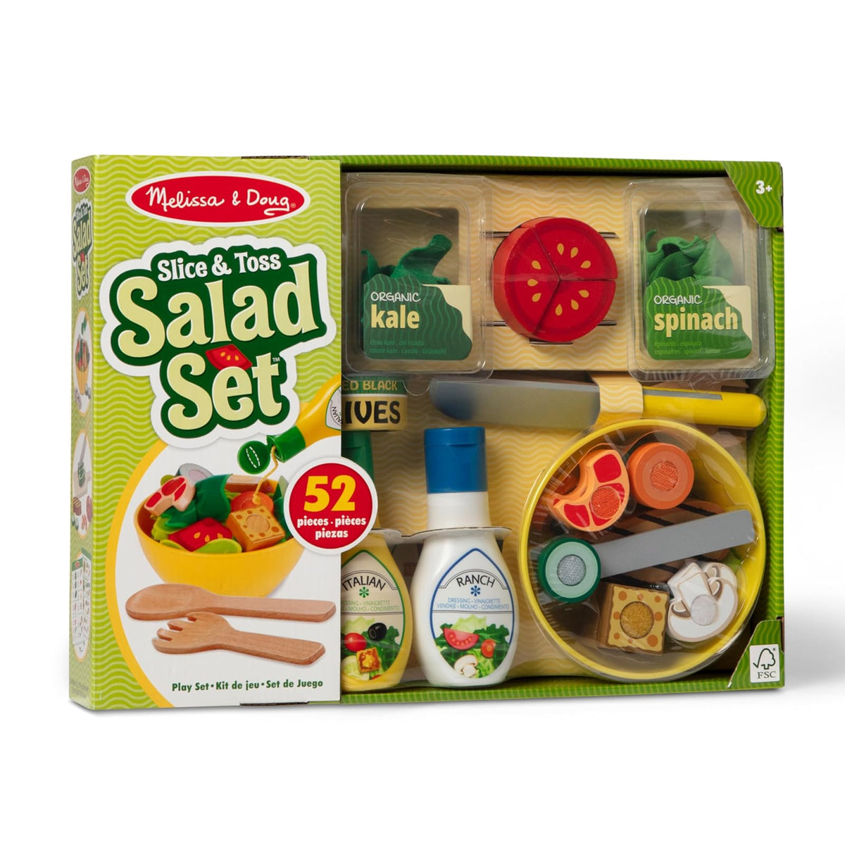Melissa & Doug Juego de Imitación para Preparar y Mezclar Ensaladas, Juguete de Madera, Comida de Juguete (52 Piezas)