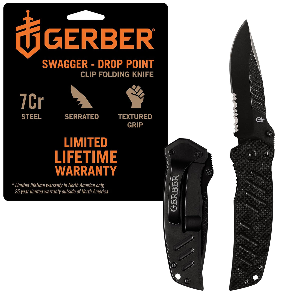 Gerber Gear 31-000594 - Cuchillo Swagger, borde dentado, punto de caída | Hoja dentada de punto de caída, mango G10, abierta con una sola mano, transporte diario EDC, cuchillo plegable duradero y