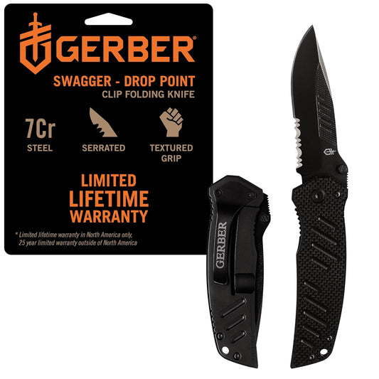 Gerber Gear 31-000594 - Cuchillo Swagger, borde dentado, punto de caída | Hoja dentada de punto de caída, mango G10, abierta con una sola mano, transporte diario EDC, cuchillo plegable duradero y