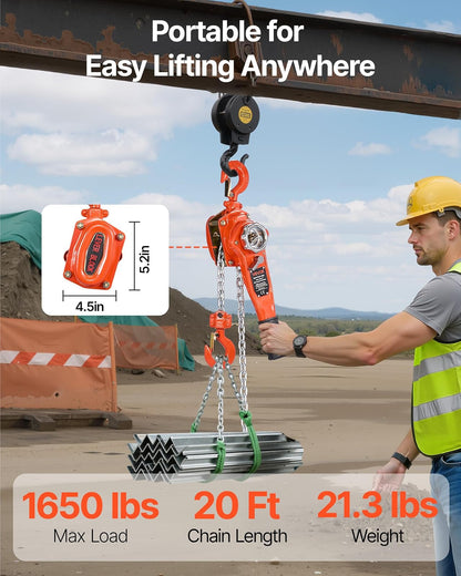 VEVOR Mini Polipasto de Cadena Manual de Palanca, 0,75 T, Elevación de 6 m, con freno mecánico de doble trinquete, ganchos giratorios 360°, para almacén, construcción y garaje, 460 x 115 x 155 mm