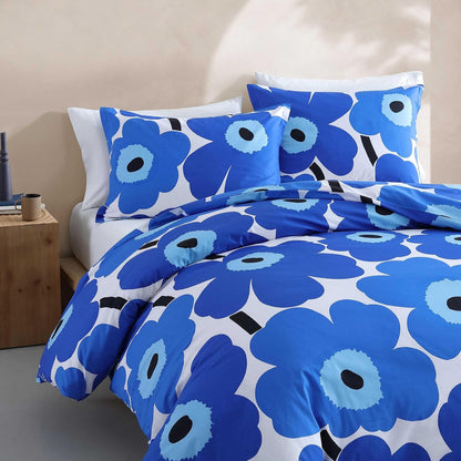 MARIMEKKO - Juego de Funda de edredón Reversible tamaño Full/Queen, percal de algodón con Fundas Decorativas a Juego, diseño Floral Unikko en Azul, Ropa de Cama para el hogar