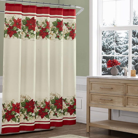Elrene Home Fashions Cortina de Ducha de Tela de Pascua roja y Blanca de Navidad, 70 x 72 Pulgadas