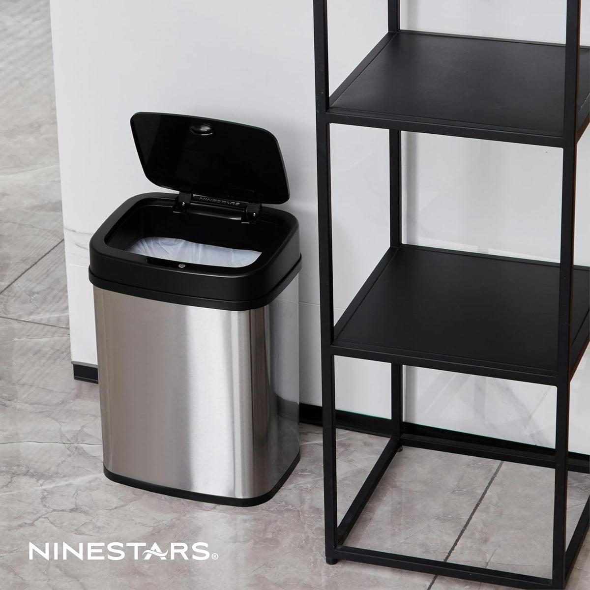 Ninestars DZT-12 – 5 Dormitorio o baño automático sin contacto con sensor de movimiento por infrarrojos, 11.4 l, base de acero inoxidable (rectángulo, tapa negra)