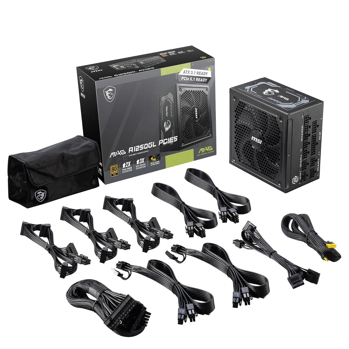 MSI mag 1250GL PCIE 5 Fuente de alimentación - ATX 3.1 y PCIE 5.1 Ready - Full Modular - 80 Plus Gold Certified 1250W - Tamaño Compacto - ATX PSU