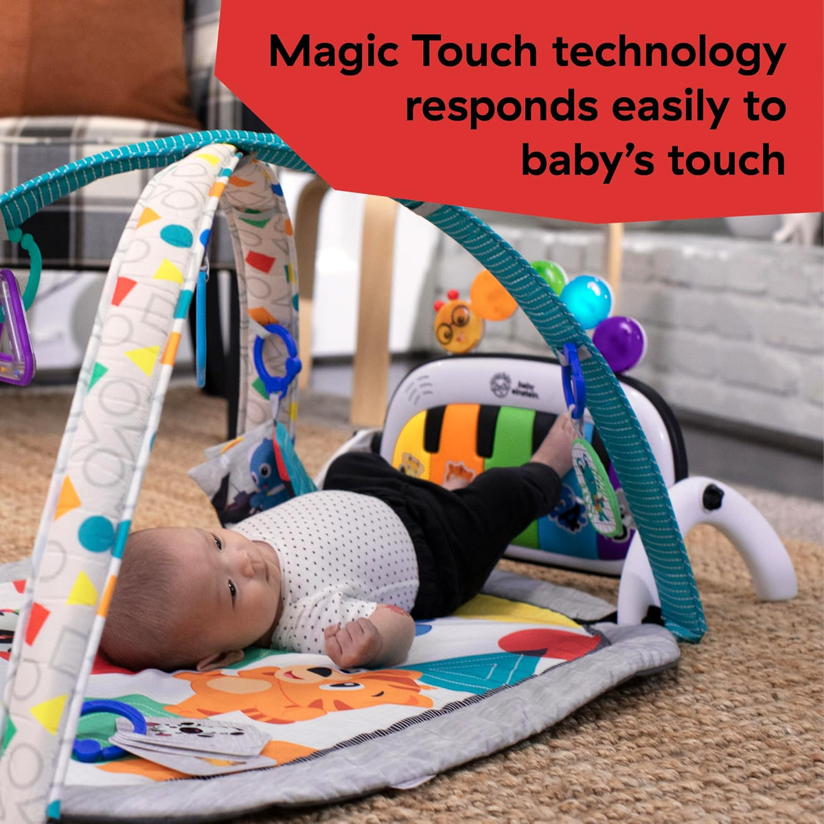 Baby Einstein Kickin’ Tunes - Gimnasio de Actividades 4 en 1 para bebé, con música y Luces, Dos Barras de Juguetes, Piano de Juguete para Aprender español, inglés, francés y alemán (Azul)