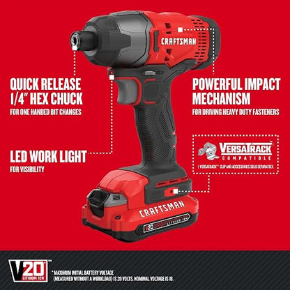 CRAFTSMAN Kit Taladro Inalámbrico y Atornillador Impacto 20V, CMCK200C2 | Kit Taladro Inalámbrico, Atornillador de Impacto, 20V, Incluye 2 Baterías, Bolsa de Herramientas