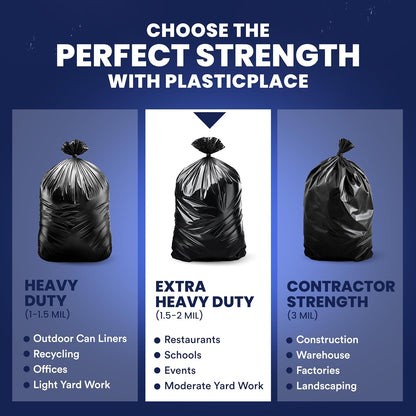 Plasticplace 55-60 gallon Trash Bags, 2.0 Mil, 38"W x 58"H, Black, 100/ Case