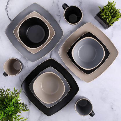 Gibson Overseas Gibson Home 102264.16RM Soho Lounge Square 16-Piece Dinnerware Set Service of 4, Stoneware, Taupe Matte