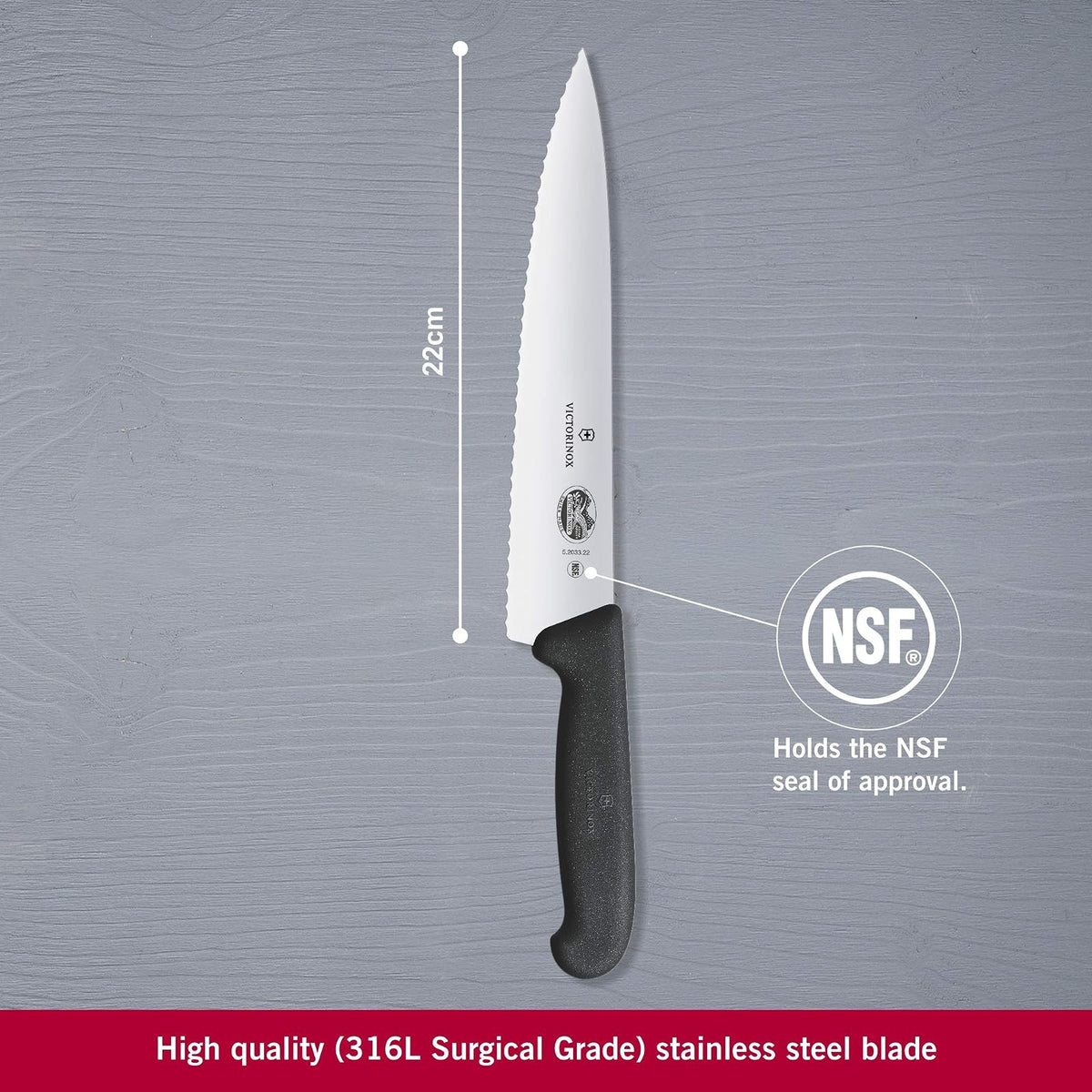 Victorinox Cuchillo para Trinchar, Dentado, Fibrox, Negro, 22 cm