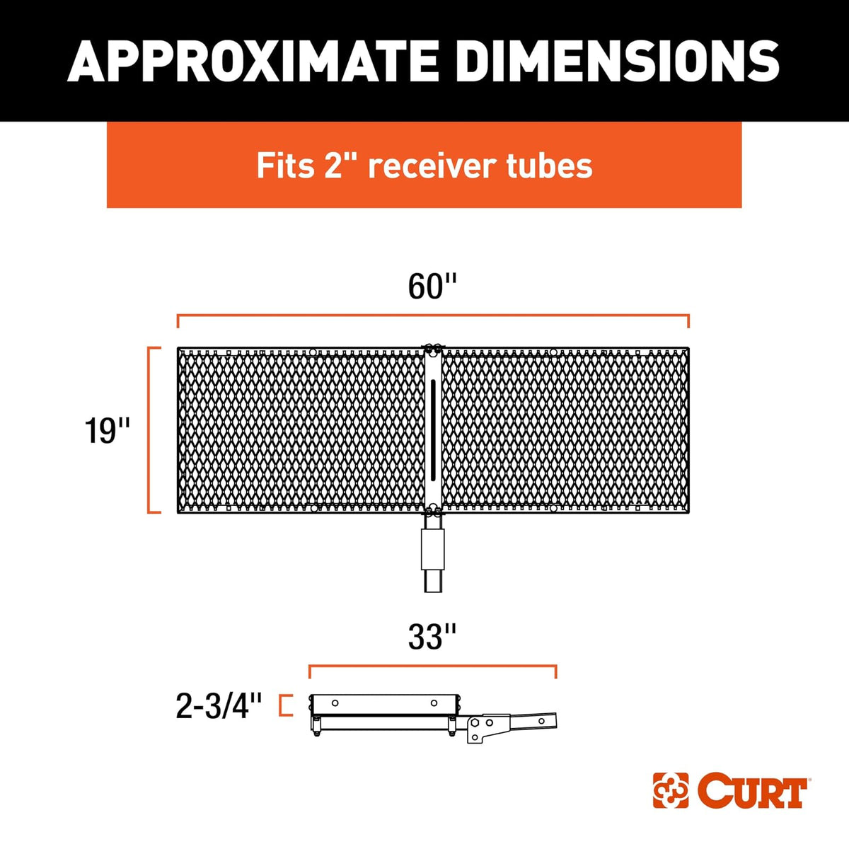 CURT 18100 - Bandeja de aluminio de 60 x 20 pulgadas, capacidad de 500 libras, vástago plegable de 2 pulgadas