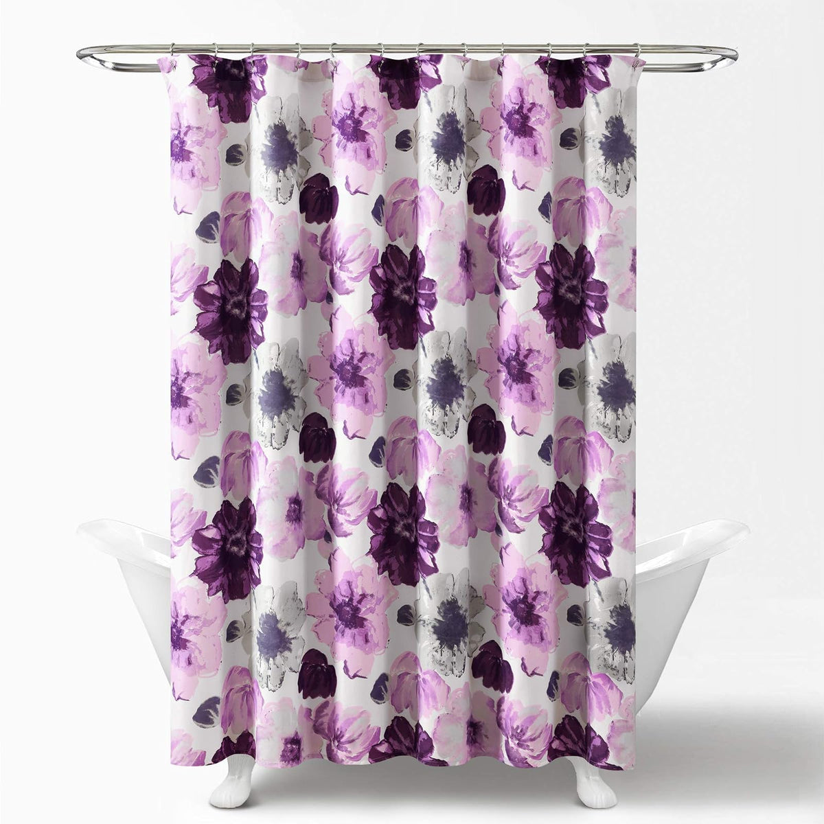 Lush Decor - Cortina de Ducha Floral de Leah, 72 Pulgadas de Ancho x 72 Pulgadas de Largo, púrpura y Gris, Bonita Cortina de Ducha Morada, decoración de Primavera, Flores Coloridas florecientes,