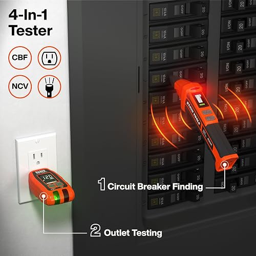 Klein Tools ET350 Detector de disyuntores digital 4 en 1, detector de fallos de salida, probador de voltaje sin contacto, probador GFCI, modo de aprendizaje y localización, LCD retroiluminado, luz