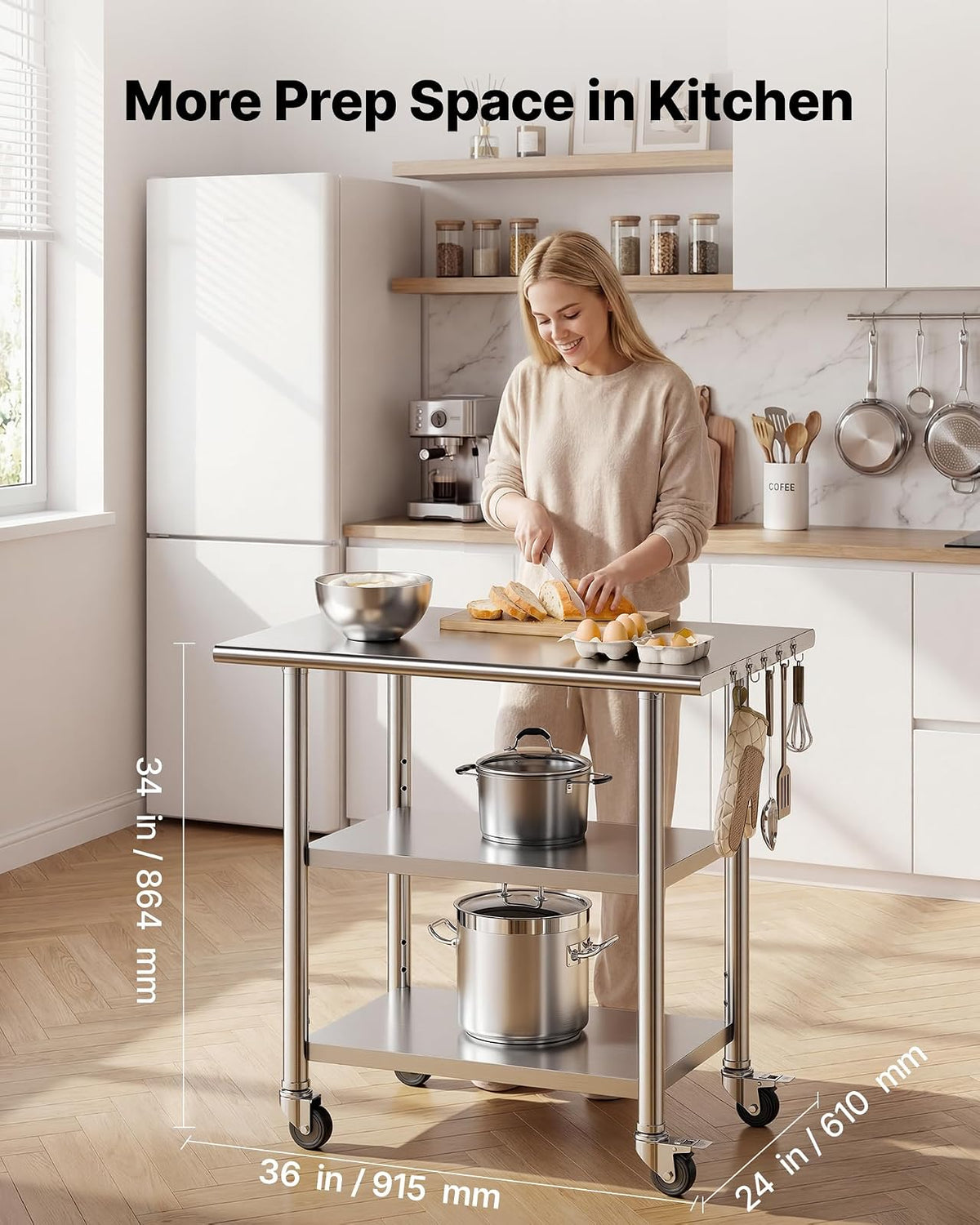 VEVOR Mesa de Preparación con Ruedas 91,5 x 61 x 86,4 cm, Mesa de Trabajo de Acero Inoxidable 3 Niveles, con Estante Ajustable, Bordes Redondeados, para Restaurantes, Hoteles, Cocinas, Garajes
