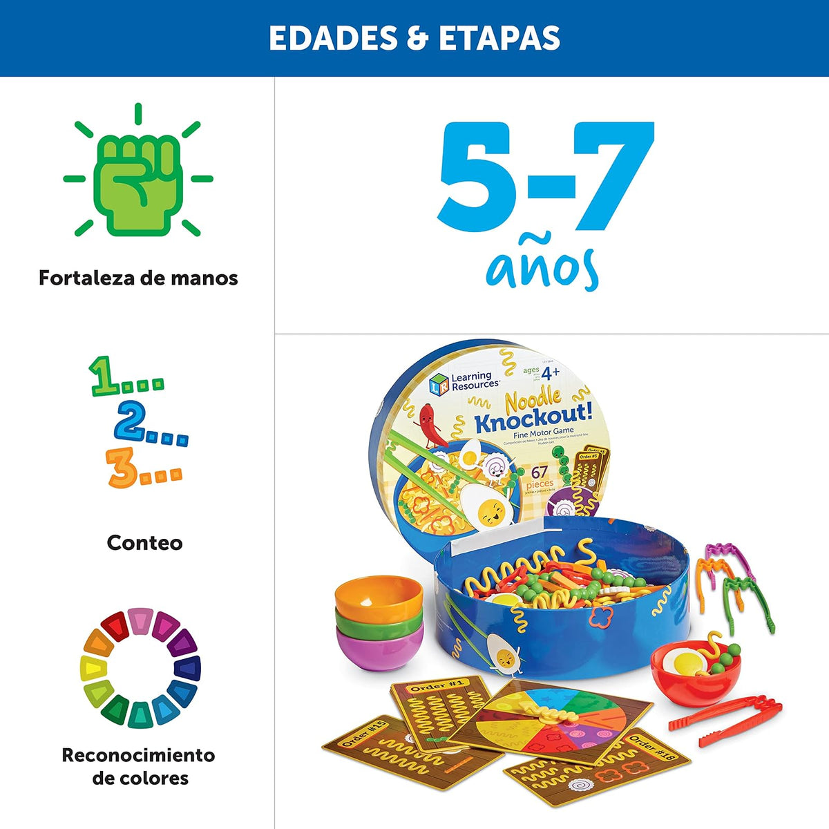 Learning Resources Noodle Knockout!, 67 Piezas, Edades 4+ años, Juegos de Imitacion, Alimentos de Juguete, Comida de Juguete para niños, Juegos de Cocina, Juguete sensorial