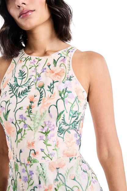 Maggy London Women's Floral Embroidered Halter Midi Dress with Back V-Neck