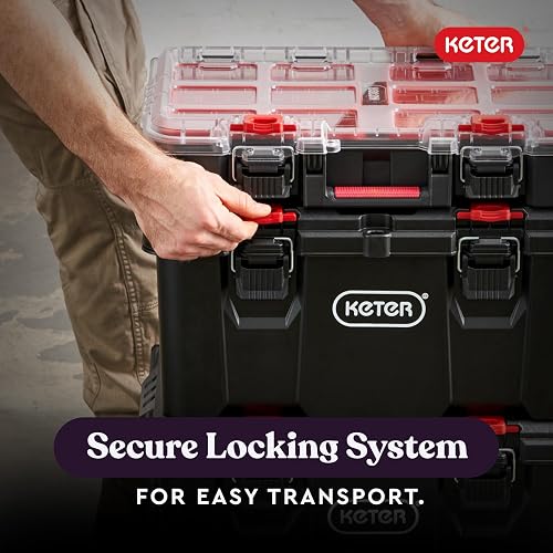 Keter Stack-n-Roll Organizador de herramientas modulares para almacenamiento de cochera y bricolaje, sistema de caja de herramientas rodante de resina de 3 piezas para piezas pequeñas