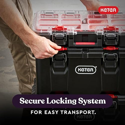 Keter Stack-n-Roll Organizador de herramientas modulares para almacenamiento de cochera y bricolaje, sistema de caja de herramientas rodante de resina de 3 piezas para piezas pequeñas