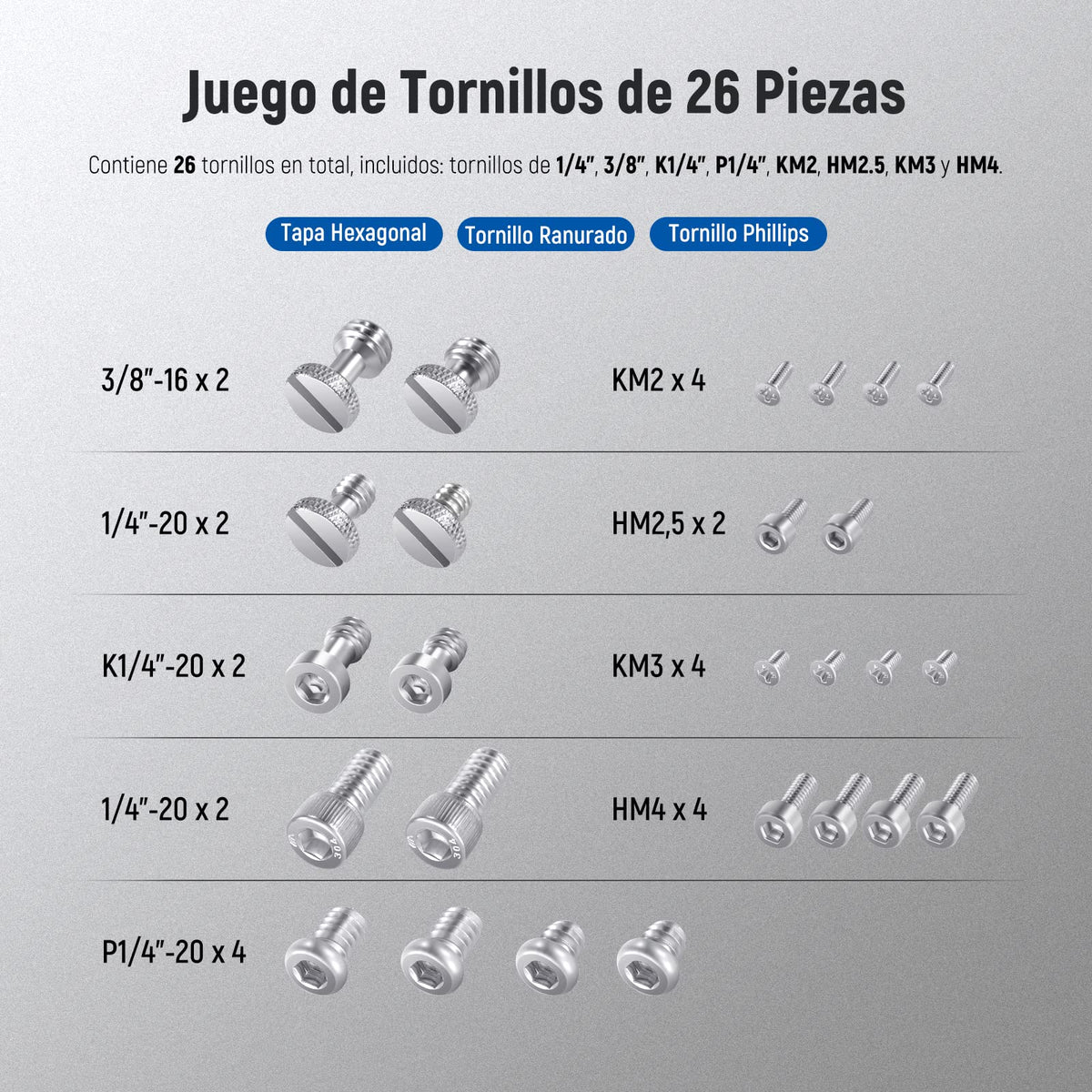 NEEWER Juego de 26 Tornillos para Fotografía,Incluye Tornillos M2,M2,5, M3 y M4 de 1/4" 3/8" Compatibles con SmallRig NEEWER Jaula de Cámara,Asa Superior,Empuñadura Lateral,Placa QR para Trípode,UA002