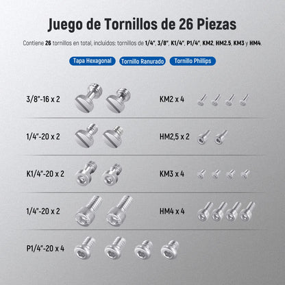 NEEWER Juego de 26 Tornillos para Fotografía,Incluye Tornillos M2,M2,5, M3 y M4 de 1/4" 3/8" Compatibles con SmallRig NEEWER Jaula de Cámara,Asa Superior,Empuñadura Lateral,Placa QR para Trípode,UA002