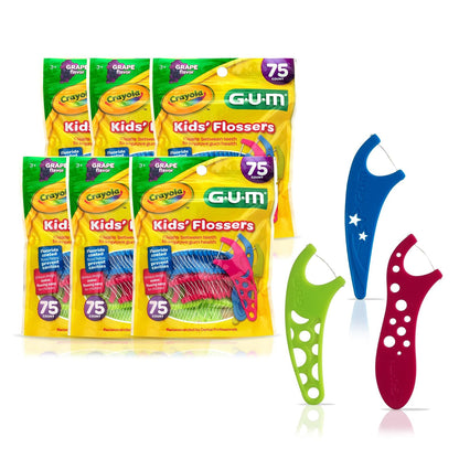 GUM Crayola Hilo Dental para Niños con Flúor | Sabor uva, 75 piezas, paquete de 6 unidades