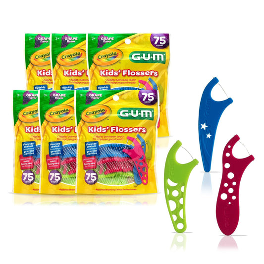 GUM Crayola Hilo Dental para Niños con Flúor | Sabor uva, 75 piezas, paquete de 6 unidades