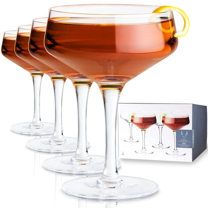 Viski Raye - Vasos de cóctel de vidrio en ángulo, copas de champaña, juego de vasos de martini expreso, juego de 4, 7 onzas