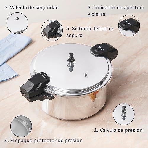 T-fal Olla Express de aluminio, con cinco sistemas de seguridad y fácil limpieza. Excelente opción para crear recetas de manera más rápida, fácil y segura, plateada, 12 L, YL307LA7