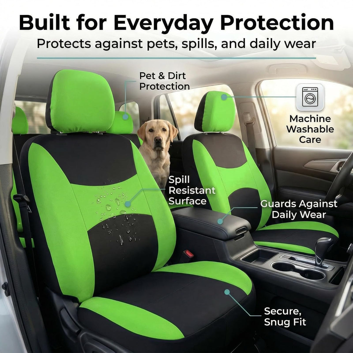 FH GROUP FB030GREEN115-SEAT Bucket Seat Cover and Bench Cover (Full Set Airbag Compatible with Split Bench Green)