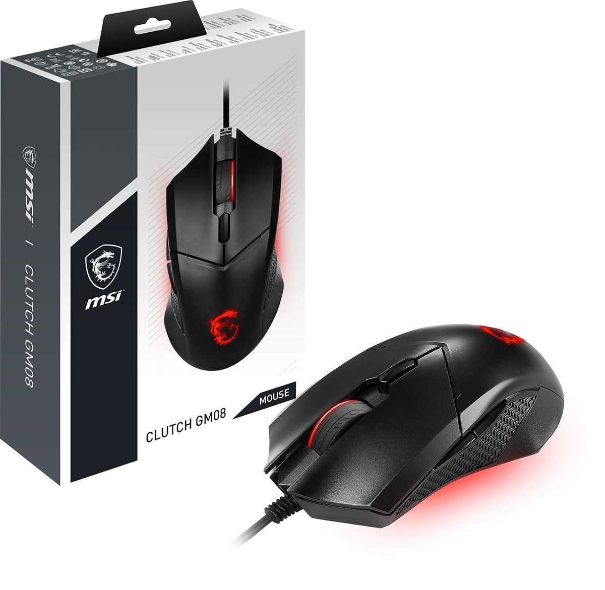 MSI Clutch GM08 - Ratón para juegos simétrico USB, LED rojo, sensor óptico PAW 3519 (4200 DPI), conmutador de hasta 10 mln de clics, sistema de pesas modificables, color negro
