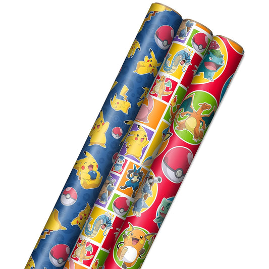 Hallmark - Rollos de papel de regalo de Pokémon, Pikachu, Charmander, Bulbasaur (juego de 3 rollos: 60 m2 pies ttl.) Para cumpleaños, fiestas infantiles, jugadores, regalos de Navidad
